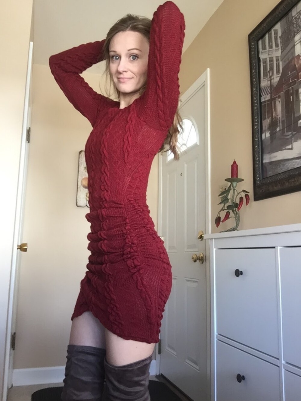 AKIRA Burgundy Cable-Knit Ruched Mini Dress